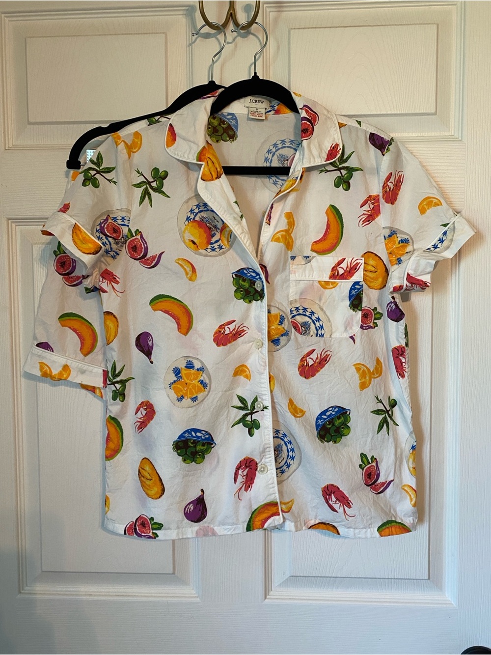J. Crew White Fruit Olive Print Cotton Pajama Set with Scarf - Picture 2 of 12